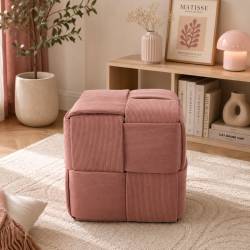 Taburet cub, tapitat cu material reiat, design impletit, 39x39x39 cm, roz