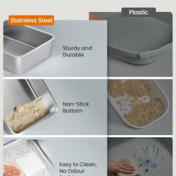 FEANDREA Litiera inchisa pentru pisici XL, inox, capac rabatabil 180°, intrare dubla, lopatica si perie incluse, 61x41x37 cm, bej