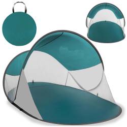Cort plaja autoexpansibil POP-UP cu protectie UV, podea izolanta si husa transport, 190x120x100 cm, turcoaz si gri