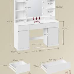 VASAGLE Masa de toaleta Kailyn cu oglinda, iluminare LED reglabila, priza integrata AC si USB, fronturi MDF, 40x107x144 cm, alb