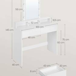VASAGLE Masa de toaleta cu oglinda LED cu luminozitate reglabila, 2 sertare si 3 compartimente, 100x40x145 cm, alb