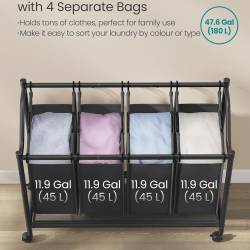 SONGMICS Cos de rufe mobil cu 4 saci detasabili cu manere, 180 litri, cadru metalic, 105x39x81 cm, negru
