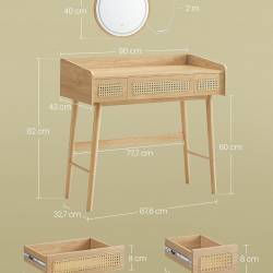 SONGMICS Masuta de toaleta cu oglinda iluminata LED, 3 sertare aspect ratan, stil boho, MDF si lemn, 88x43x82 cm, bej