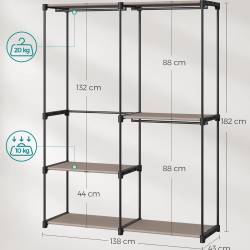 SONGMICS Dulap de haine portabil, cu 3 bare de agatat si rafturi, 138x43x182 cm, maro taupe