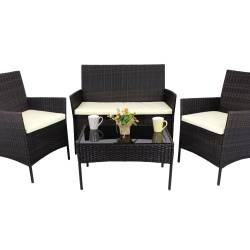 Set mobilier gradina 4 locuri, canapea 2 locuri, 2 fotolii si masa de sticla, tehnoratan, maro si crem