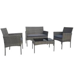 Set mobilier gradina 4 piese, canapea 2 locuri, 2 scaune si masa sticla, perne incluse, ratan sintetic, gri