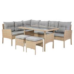 Set mobilier de gradina Berno coltar cu perne, 2 tabureti si masa, cadru otel si ratan sintetic, blat sticla securizata, bej
