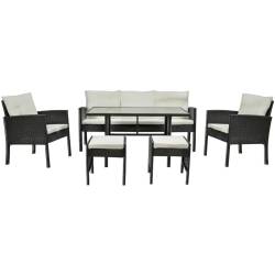 Set mobilier gradina Vaduz 6 piese, canapea 3 locuri, 2 fotolii, 2 tabureti si masa, ratan sintetic, blat sticla, negru si crem