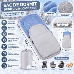 Sac de dormit pentru bebelusi si copii impermeabil, compatibil cu carucioare sport, landouri si sanii, interior din polar moale, orificii pentru centu