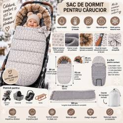 Sac de dormit pentru carucior copii, exterior impermeabil, gluga fixa cu blanita detasabila, 2 fermoare pentru deschidere usoara, 6 orificii pentru ce