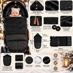 Sac de dormit pentru carucior copii, exterior impermeabil si interior calduros, gluga ajustabila, 2 gulere din blanita detasabile, 2 fermoare pentru a