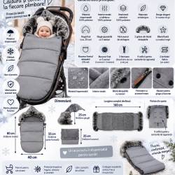 Sac de dormit pentru carucior copii, exterior impermeabil si interior calduros, gluga ajustabila, 2 gulere din blanita detasabile, 2 fermoare pentru a
