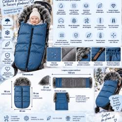 Sac de dormit pentru carucior copii, exterior impermeabil, gluga fixa cu blanita detasabila, 2 fermoare pentru deschidere usoara, 6 orificii pentru ce