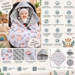 Paturica pentru scoica auto cu gluga integrata, exterior din bumbac 100% si interior moale din material minky, orifici pentru centuri, lavabila la 30°