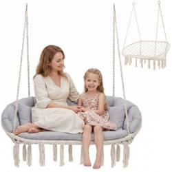 Scaun dublu tip leagan suspendat pentru casa sau gradina, cu perne, stil boho, 130x66x120 cm, maxim 300 kg, crem si gri