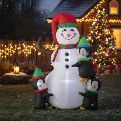 Om de zapada gonflabil de exterior, cu pinguini si iluminare LED, 190 cm, compresor integrat, alb
