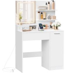 VASAGLE Masa de toaleta Kailyn cu oglinda LED si priza integrata, porturi USB, sertar, rafturi si dulap, PAL, 80x40x132 cm, alb