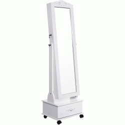 SONGMICS Oglinda de podea cu dulap depozitare bijuterii, iluminare LED si roti, cu cheie, 35x45x156 cm, alb
