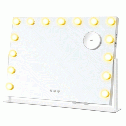 SONGMICS Oglinda machiaj cu iluminare LED, 3 culori lumina, suport telefon, porturi USB, zoom 10x, 58x43 cm, alb