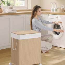 SONGMICS Cos rufe din tesatura tip ratan, 100L cu 2 compartimente si roti, 47x38x65 cm, bej natur