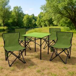 Set camping 5 in 1 cu masa si 4 scaune pliabile, structura otel si blat aluminiu, 53x52x50 cm, verde