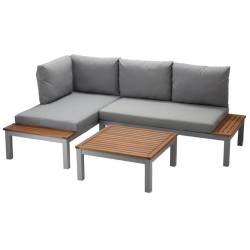 Set mobilier gradina Bohito modular cu perne, 2 canapele si masa, cadru aluminiu si lemn eucalipt, 138x76 cm, gri