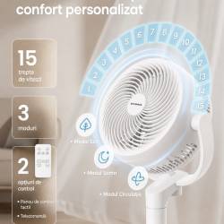 SONGMICS Ventilator cu picior reglabil pe inaltime, silentios 20 dB, 24 W, 15 viteze, telecomanda, oscilatie 120°, alb