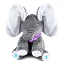 Jucarie plus interactiva elefant pentru copii, canta, misca urechile, joc cucu-bau, 30x30x25 cm, gri