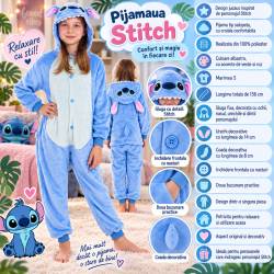 Pijama salopeta Stitch tip combinezon, marimea S, cu gluga fixa decorata cu urechi, ochi si dinti, coada decorativa, inchidere frontala cu nasturi si