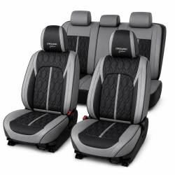 Huse auto premium 5 locuri Carguard Deluxe piele ecologică perforată - gri - negru