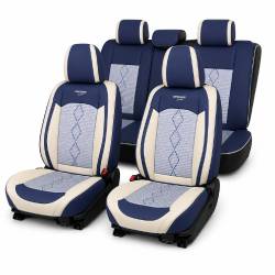 Huse auto premium 5 locuri Carguard Deluxe piele ecologică perforată și textil - albastru - alb