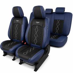 Huse auto premium 5 locuri Carguard Deluxe piele ecologică perforată și textil - negru - albastru închis