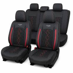 Huse auto premium 5 locuri Carguard Deluxe piele ecologică perforată și textil - negru - rosu închis