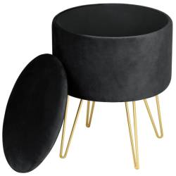 Taburet tapitat rotund Lili cu spatiu de depozitare, velur, 35x35x45 cm, negru