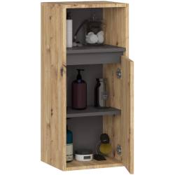 Etajera de baie suspendata, cu usa si 2 polite, PAL 16 mm, 35x30x80 cm, stejar artisan si gri