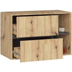 Etajera de baie suspendata, cu 2 sertare, PAL 16 mm, 90x46x60 cm, stejar artisan si gri